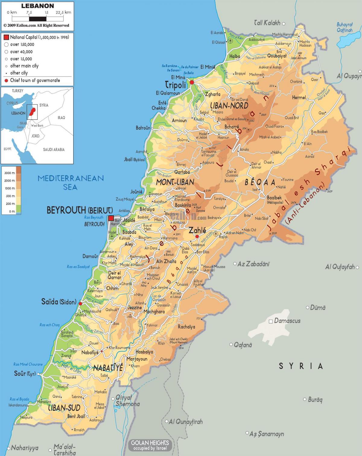 लेबनान के मानचित्र शारीरिक
