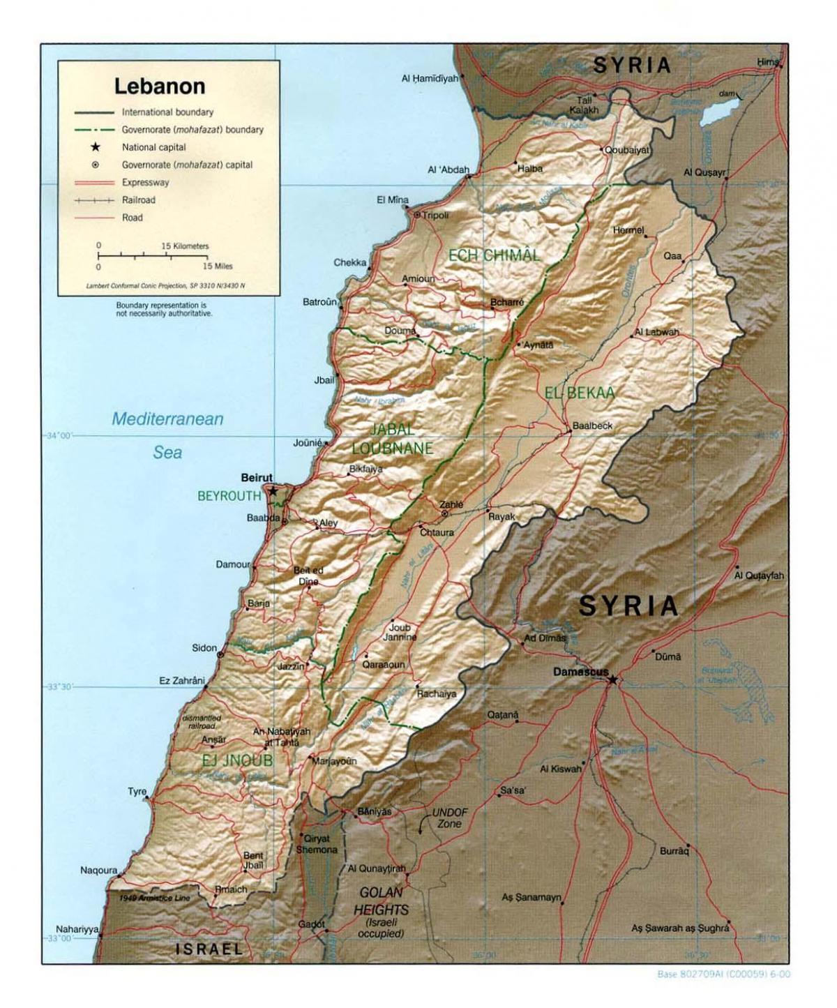 लेबनान के मानचित्र स्थलाकृतिक